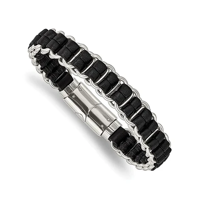 Chisel Stainless Steel Polished Black Leather Bracelet