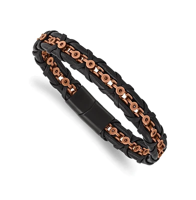 Chisel Stainless Steel Antiqued Rose Ip-plated Black Leather Bracelet