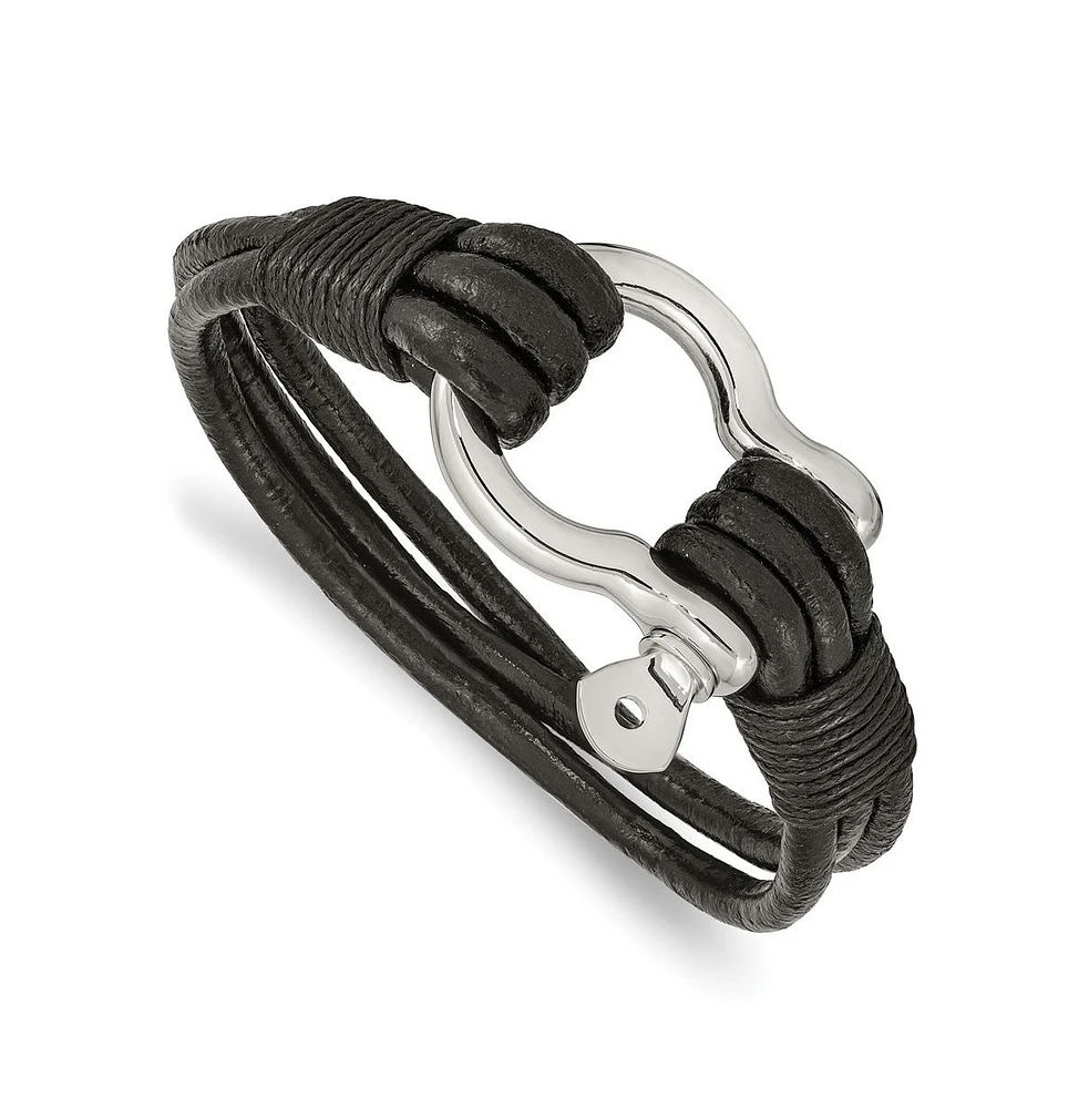 Chisel Stainless Steel Shackle Multi Strand Black Leather Bracelet