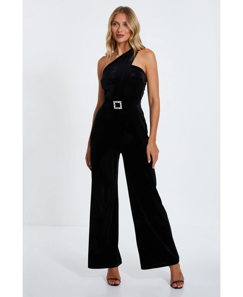 Quiz Women's Velvet Jumpsuit With Embellished Buckle