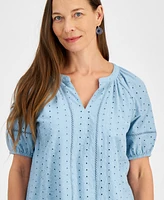 Style & Co Petite Cotton Split-Neck Short-Sleeve Eyelet Top, Exclusively at Macy's