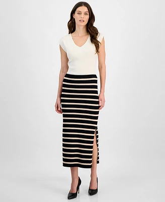 T Tahari Women's Ribbed Striped Bodycon Midi Skirt