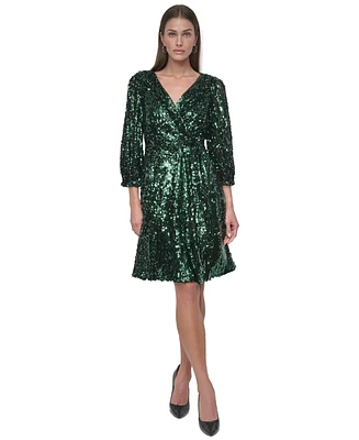 Dkny Women's Sequinned Faux-Wrap Fit & Flare Dress