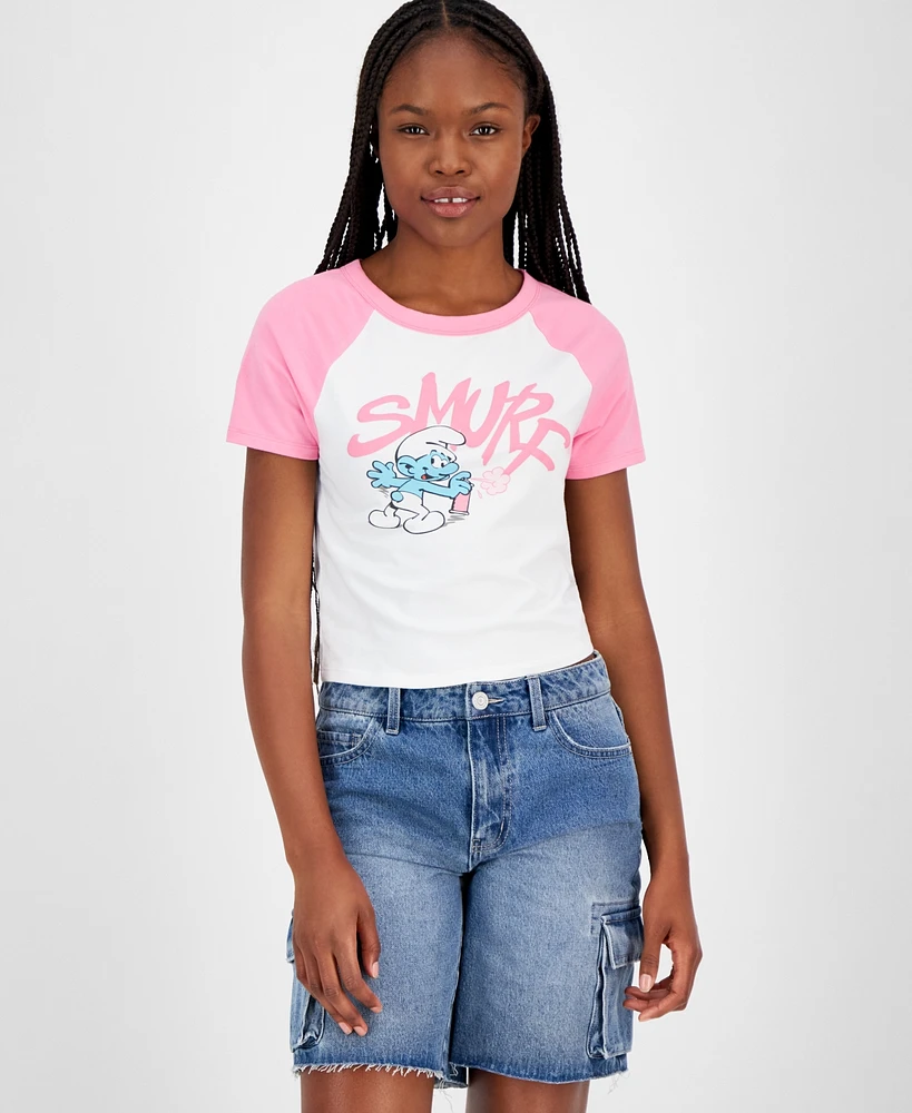 Love Tribe Juniors' Smurfs Raglan Cropped T-Shirt