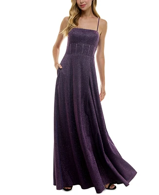 City Studios Juniors' Square-Neck Sleeveless Glitter Gown