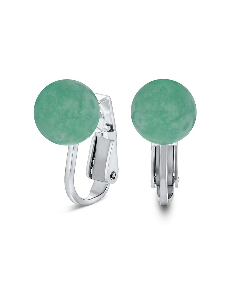 Bling Jewelry Simple Natural Light Green Aventurine Bead Round Ball Clip On Earrings Non-Piercing .925 Sterling Silver 8MM