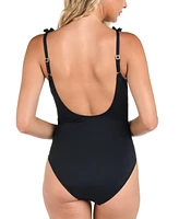 La Blanca Women's Island Goddess Ruffle Plunge One-Piece Swimsuit