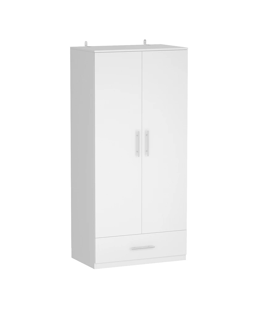 Famapy White 2-Door Wardrobe Armoire with 1-Drawers and Hanging Rod