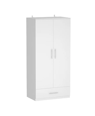 Famapy White 2-Door Wardrobe Armoire with 1-Drawers and Hanging Rod