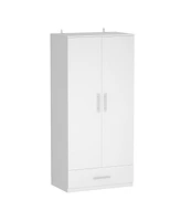 Famapy White 2-Door Wardrobe Armoire with 1-Drawers and Hanging Rod
