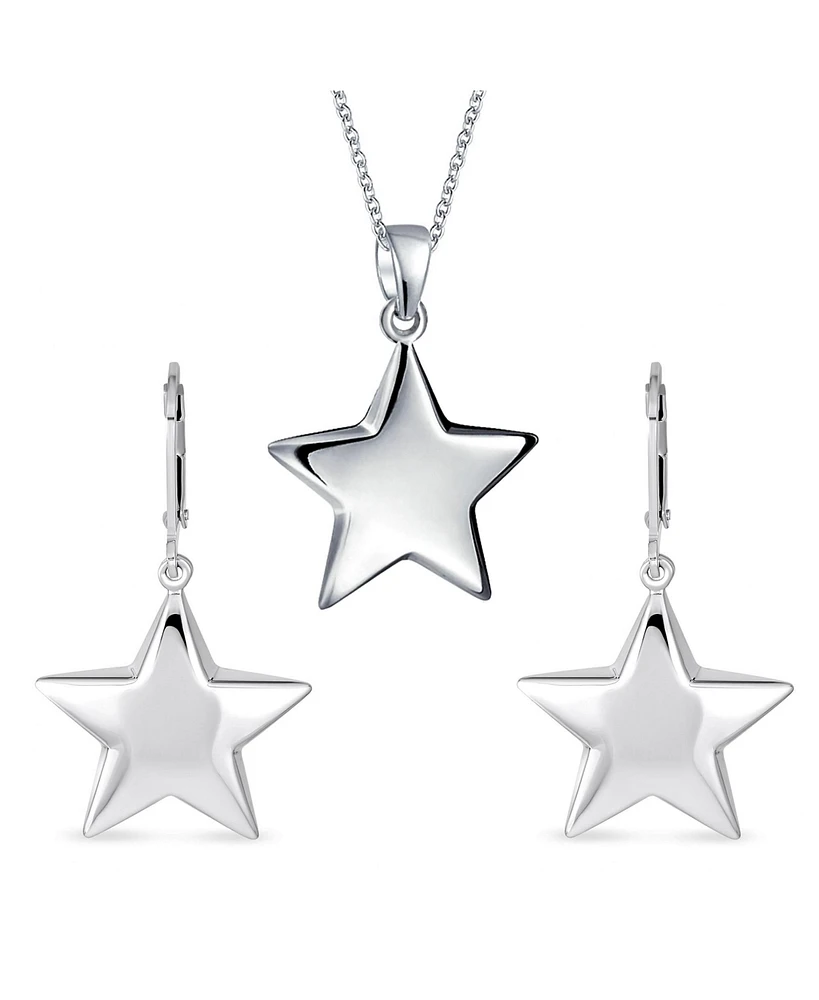 Bling Jewelry Initial American Patriotic Celestial Rock Star Jewelry Set Puff Star Dangle Pendant Earrings For Women Graduation .925 Sterling Silver