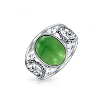 Bling Jewelry Scroll Filigree Oval Natural Green Jade Statement Ring .925 Sterling Silver