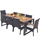 Costway 9 Pieces Patio Rattan Dining Set with Acacia Wood Table, 1.9" Umbrella Hole