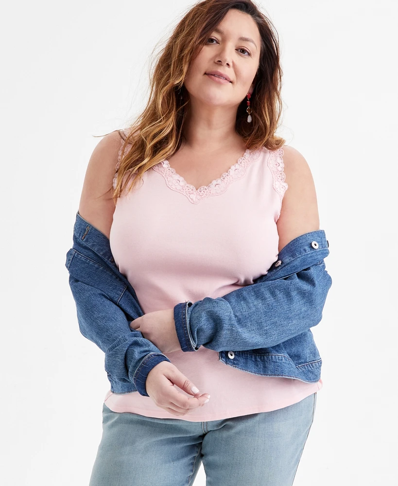 Style & Co Plus Size Lace-Trimmed Tank Top, Exclusively at Macy's