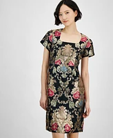 Tahari Petite Short-Sleeve Embellished Brocade Dress