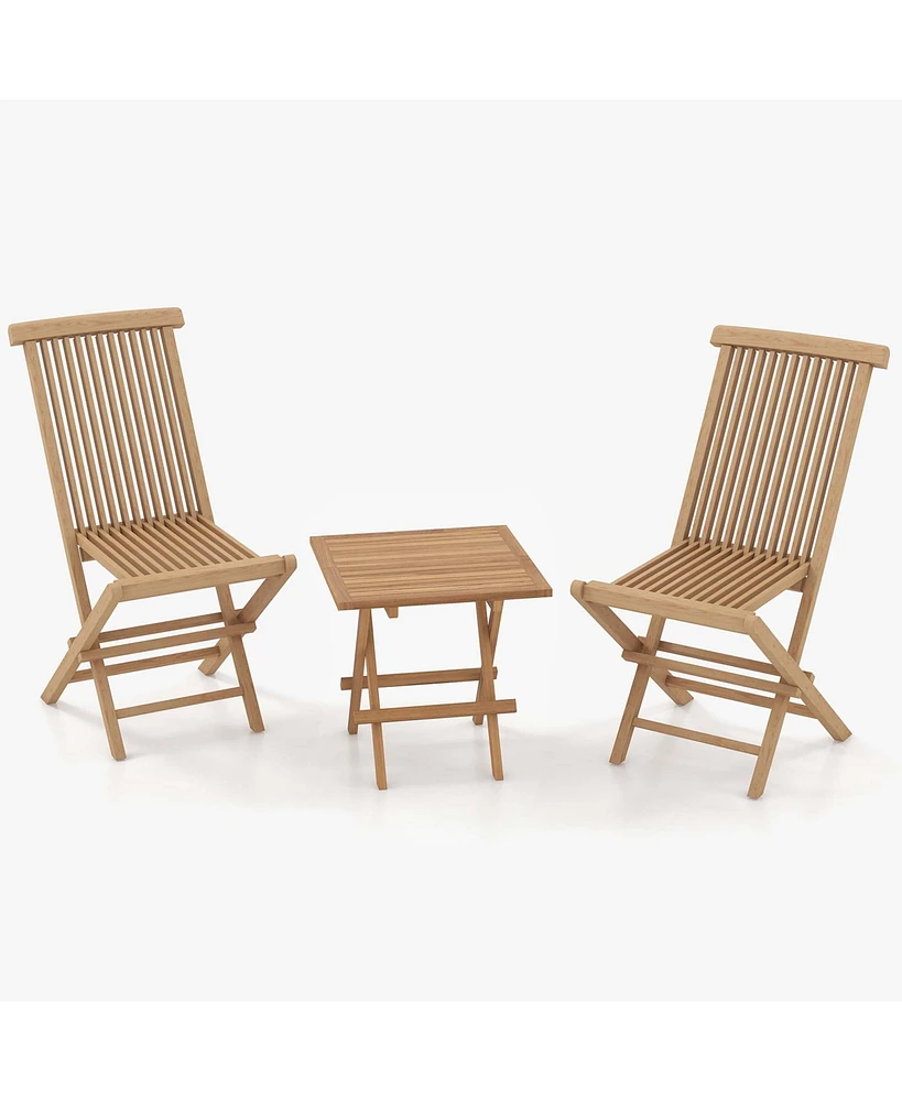 Costway 3PCS Patio Bistro Set Square Table Teak Wood Folding Chair Slatted Tabletop Seat