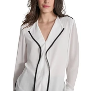 Dkny Women's V-Neck Contrast-Trim Long-Sleeve Blouse