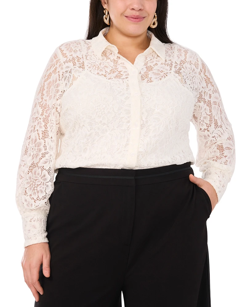 Vince Camuto Plus Lace Fold-Collar Long-Sleeve Blouse