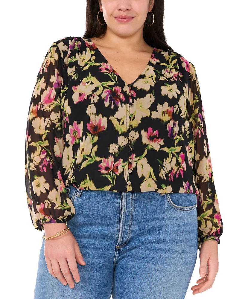 Vince Camuto Plus Floral-Print V-Neck Blouse