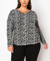 Coin 1804 Plus Leopard Print Cozy V-Neck Dolman Sleeve Top