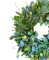 GreenishBlu Bayleaf, Baby Blue Eucalyptus, Rosemary, Curly Willow and Yellow Billy Balls Real Aromatic Wreath, 22"