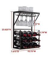 Kings Brand Furniture 12 Bottles Countertop Wine Rack Stand with Glass Holder, Wine Storage Cabinet Shelf, Pewter/Marble