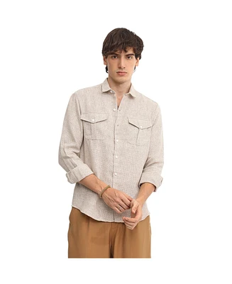 Campus Sutra Men's Tan Brown & Ivory White Basket-Weave Shirt