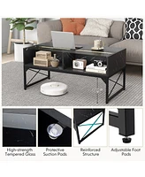 Gymax High-gloss Led Coffee Table w/ Faux Marble & Tempered Glass Top 4 Storage Cubes White