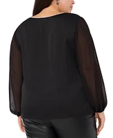 Vince Camuto Plus V-Neck Blouson-Sleeve Blouse, Created for Macy's