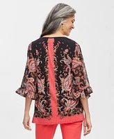 Jm Collection Women's Printed Ruffle Chiffon-Sleeve Top, Created for Macy's