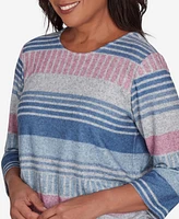 Alfred Dunner Petite Casual Fridays Ruched Striped Crew Neck Top