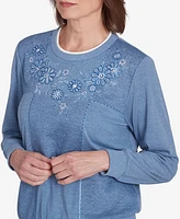 Alfred Dunner Petite Casual Fridays Embroidered Boxes Crew Neck Top