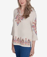 Alfred Dunner Petite Harvest Moon Medallion Embroidered Flutter Sleeve Top