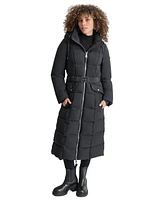 Dkny Womens Maxi Belted Hooded Puffer Coat