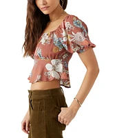 O'Neill Juniors' Autumn Floral-Print Cropped Puffed-Sleeve Top