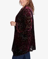 Ruby Rd. Plus Open Front Velvet Burnout Embroidered Cardigan Sweater