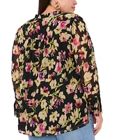 Vince Camuto Plus Floral-Print Split-Neck Long-Sleeve Top