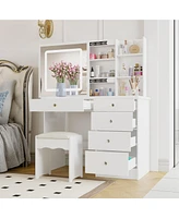 Homsee White Wood Makeup Vanity Set Dressing Desk with Glass Top