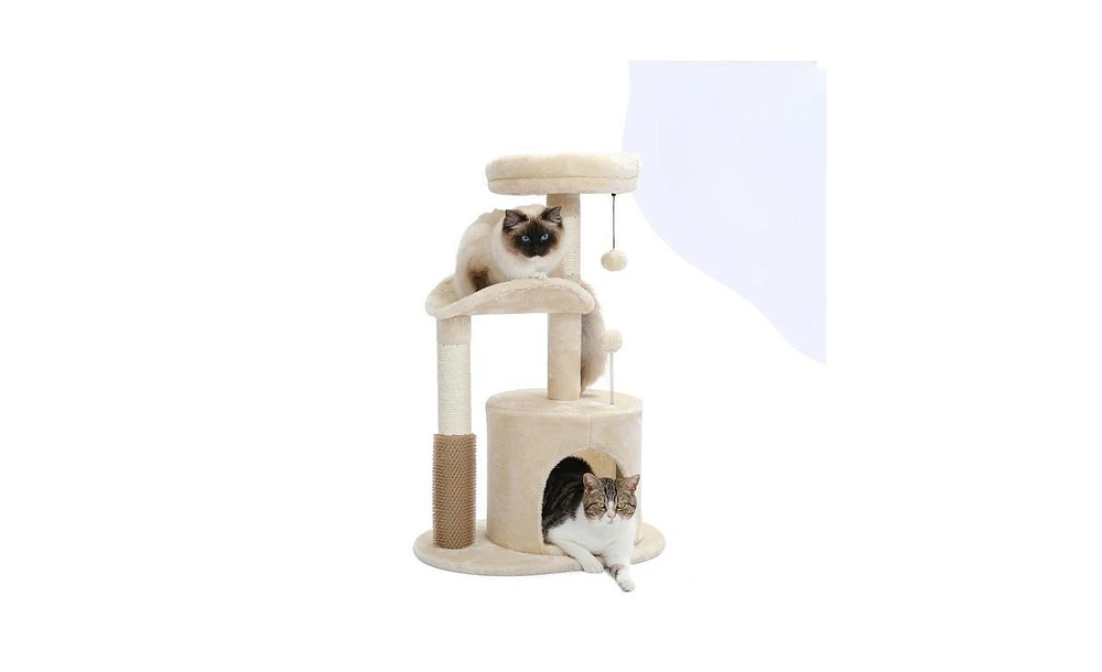 Slickblue Small Cat Tree for Indoor Cats, Cat Tower with Interactive Toy, Self-Groomer Brush, Natural Scratching Post, Beige