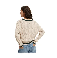 Cotton On Women's Varsity V-Neck Crop Cable Sweater