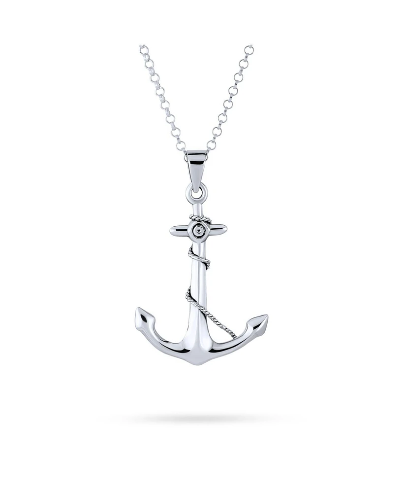 Bling Jewelry Nautical Tropical Vacation Unisex Sailor Ship Boat Rope Anchor Pendant Necklace For Women .925 Sterling Silver 1.5 Inch