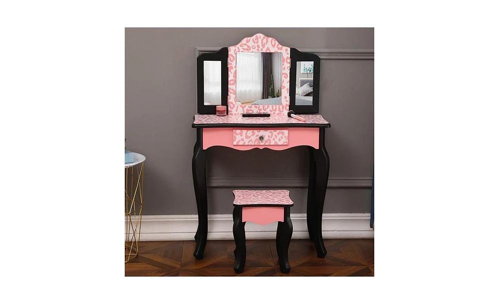 Slickblue Children's Dresser with Three-Fold Mirror, Single Drawer & Arc Feet in Red Leopard Print