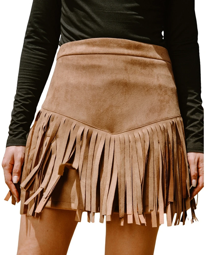 Cupshe Women's Faux Suede Fringe Hem Mini Skirt