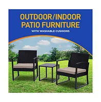 SereneLife Patio Outdoor Rattan Furniture Set with Cushions and Glass Coffee Table, 3-Piece