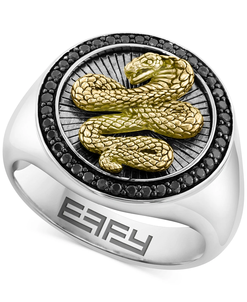 Effy Men's Black Spinel Cobra Round Disc Ring (3/8 ct. t.w) in Sterling Silver, 14k Gold-Plate, & Black Rhodium-Plate