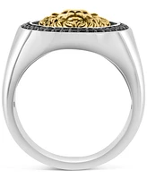 Effy Men's Black Spinel Lion Head Round Disc Ring (3/8 ct. t.w) in Sterling Silver, 14k Gold-Plate, & Black Rhodium-Plate