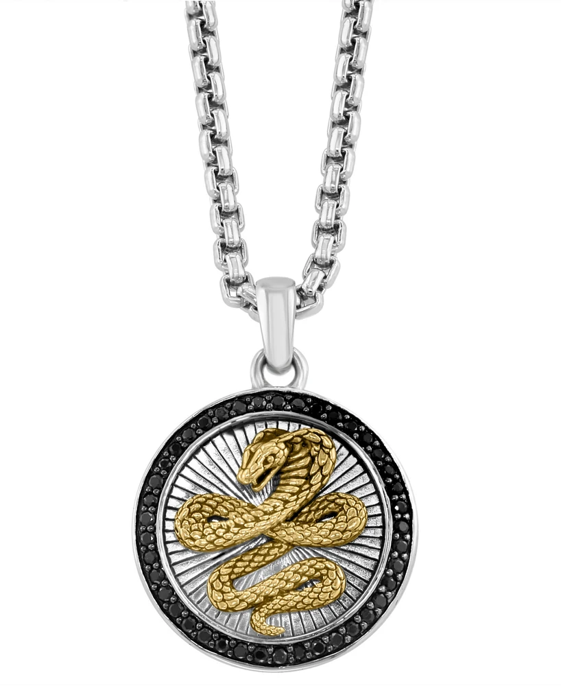 Effy Men's Black Spinel Cobra 22" Round Disc Pendant Necklace (3/8 ct. t.w) in Sterling Silver, 14k Gold-Plate, & Black Rhodium-Plate