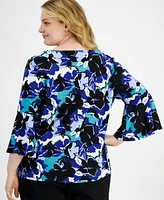 Kasper Plus V-Neck Floral Flutter-Sleeve Top