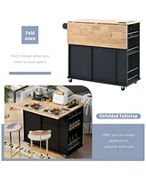 Slickblue Kitchen Island with Power Outlet Drop Leaf Design, Rubber Wood Top, Open Storage, Wine Rack, 5 Wheels