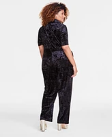 On 34th Trendy Plus Velvet Belted Short-Sleeve Jumpsuit, Exclusively at Macy's